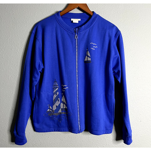 Tia Designs Medium Cotton Jacket Embellished Rhinestones Zip Sailboats Nautical - Picture 1 of 15